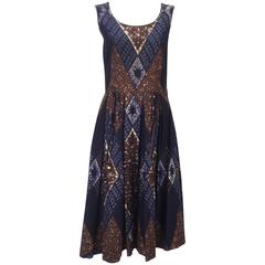 Ikat Blue and Brown Dress with Subtle Sequin Handwork, 1950s 