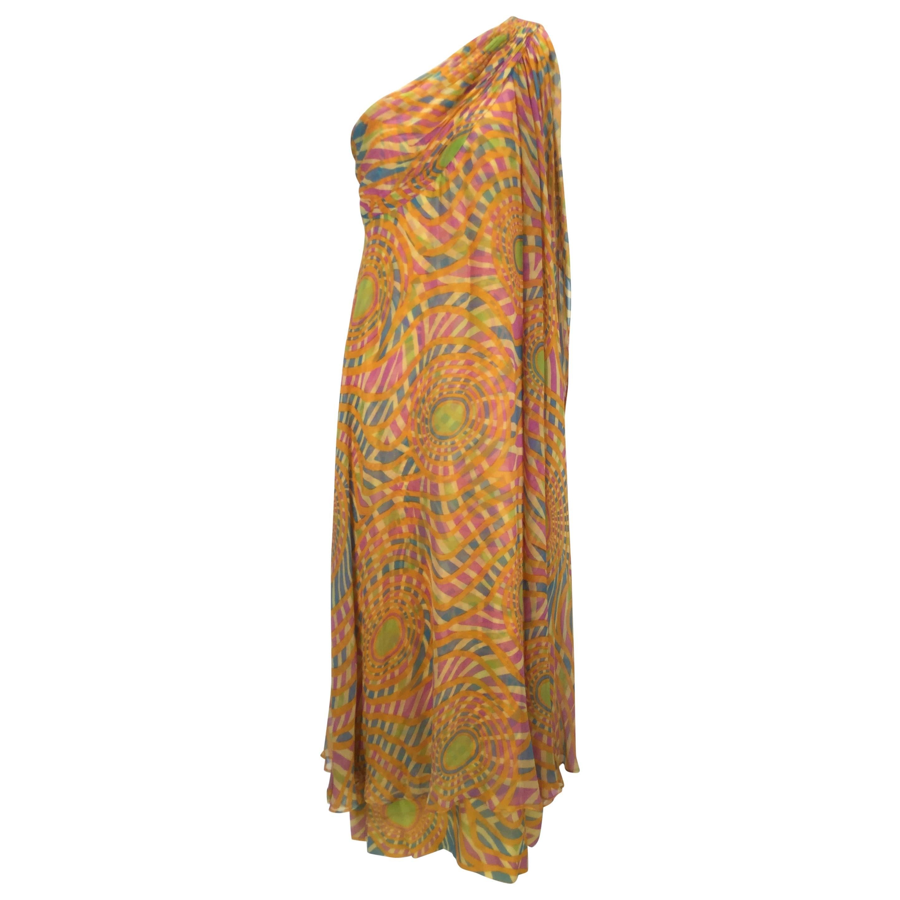 1970s Malcolm Starr Multicolor Chiffon One Shoulder Kaftan / Dress For Sale