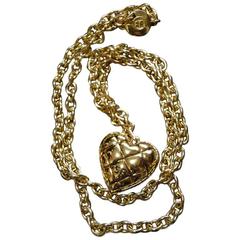 Vintage Sonia Rykiel golden quilted heart shape long chain necklace. 