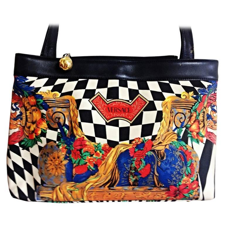 Vintage Gianni Versace shoulder tote bag with print of chess, flower, gold, blue