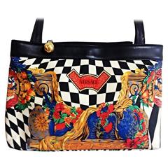 Vintage Gianni Versace shoulder tote bag with print of chess, flower, gold, blue