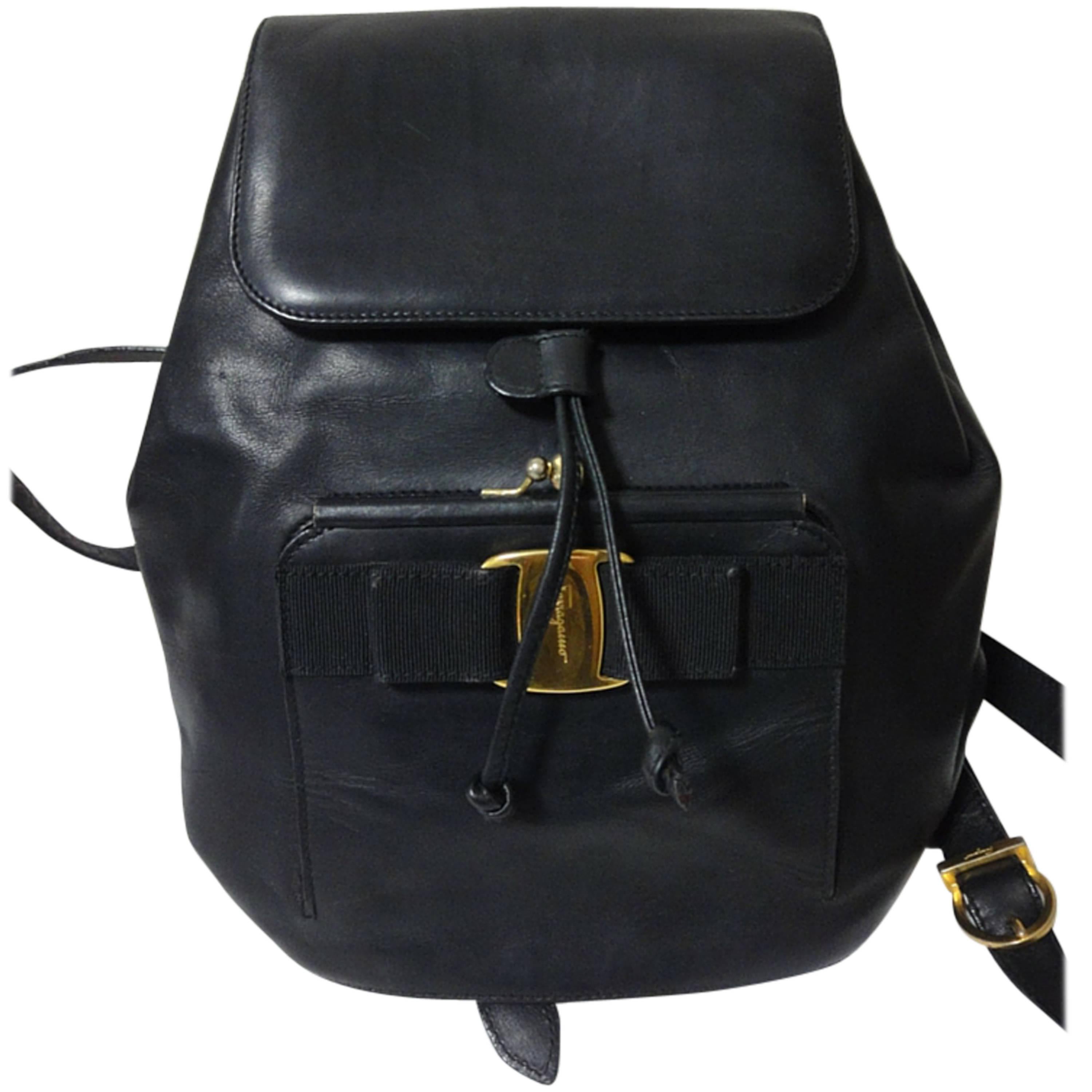 Vintage Salvatore Ferragamo black calf leather backpack from vara collection.