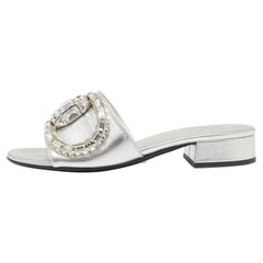 Gucci Silver Leather Maxime Horsebit Crystal Embellished Slide Sandals Size 36