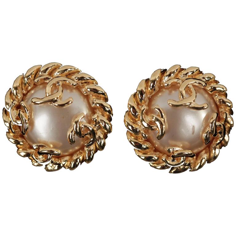 CHANEL Gold Metal and Faux Pearls CLIP ON EARRINGS Twisted Rope w/ CC