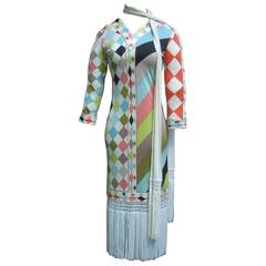 Retro Flapper Style Fringed Pucci Dress and Scarf.  1960's.
