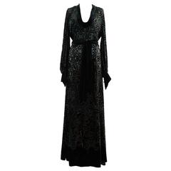 ROBERTO CAVALLI Green Cut Out Velvet MAXI WRAP DRESS w/ Open Back SIZE 40