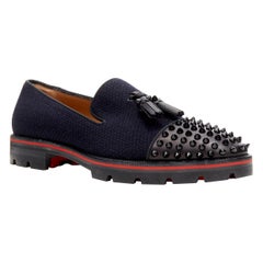 new CHRISTIAN LOUBOUTIN Rossini Flat navy tweed studed toe tassel loafer EU42.5