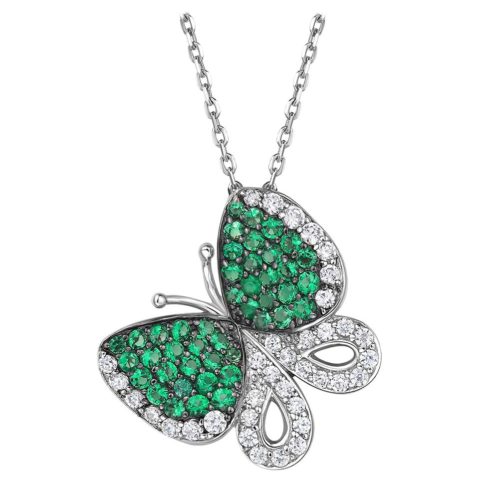 Fei Liu Green White Cubic Zirconia Sterling Silver Butterfly Pendant Necklace
