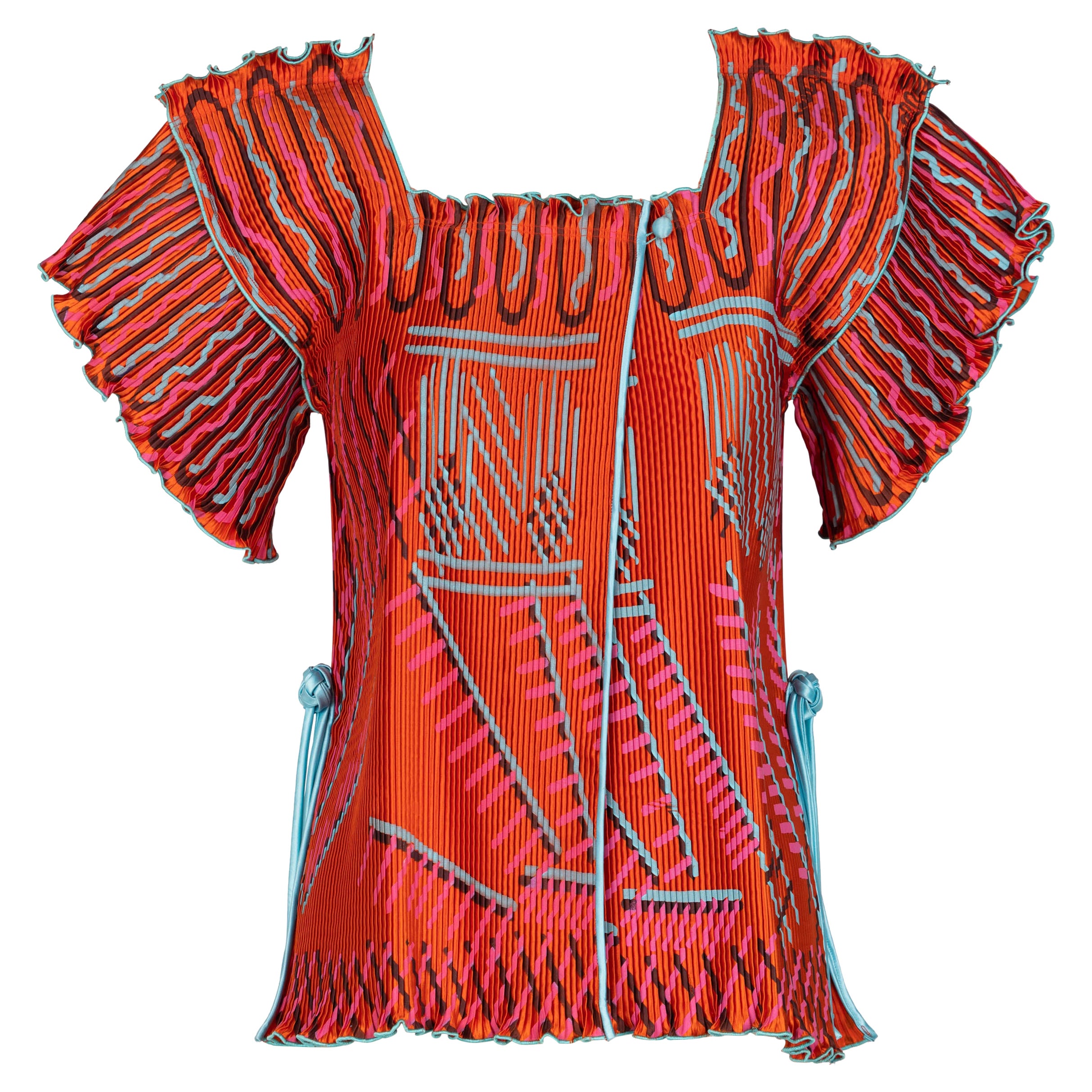 Zandra Rhodes Red Orange Hand Painted Pleated Jacket Top 1970s For Sale