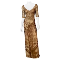 Badgley Mischka Starburst Beaded Gown Gold Lace Top Shimmery Fern Pattern Skirt