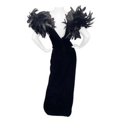 Victor Costa 1980's Black Velvet Evening Dress w Coq Feather Shoulders