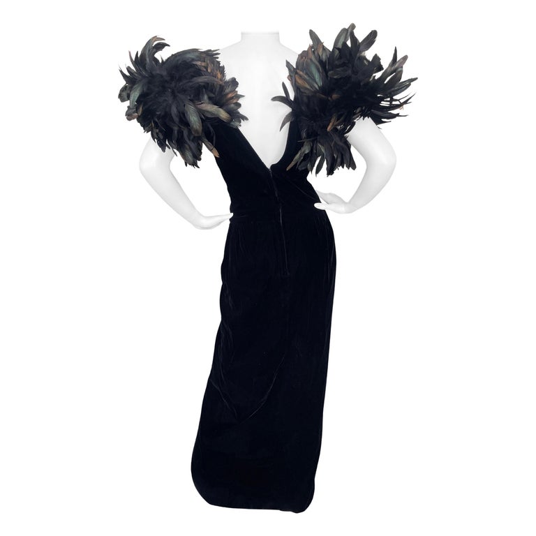 Victor Costa 1980's Black Velvet Evening Dress w Coq Feather Shoulders For Sale