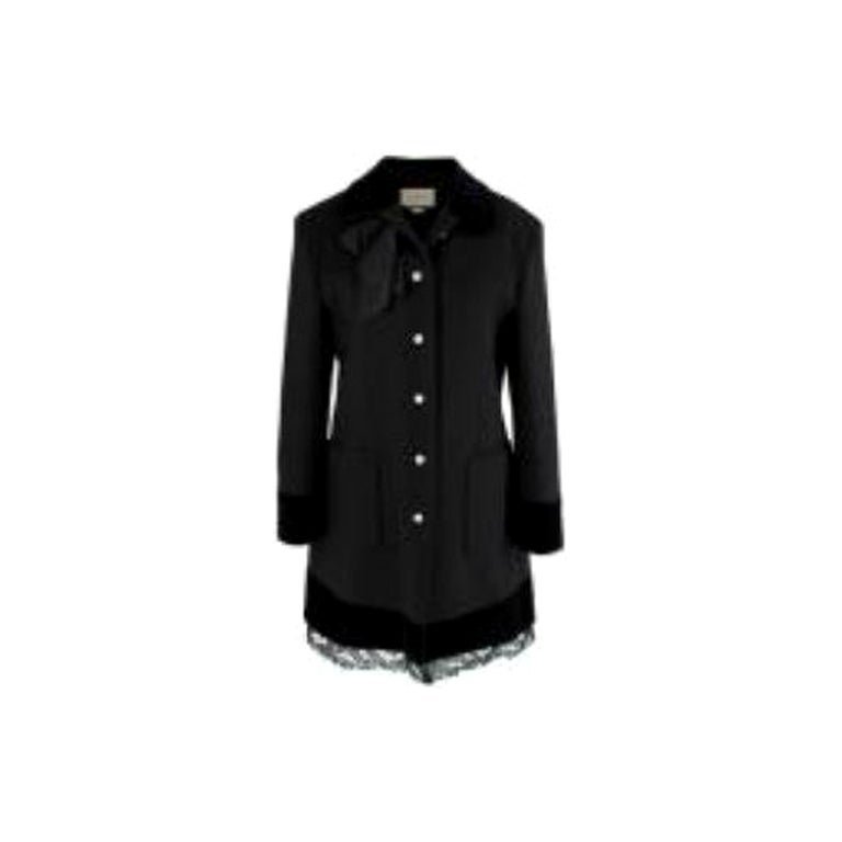 Gucci Wool Black w Navy Red Stripe Bow Tie Detail Clasp Mid-Length Coat
