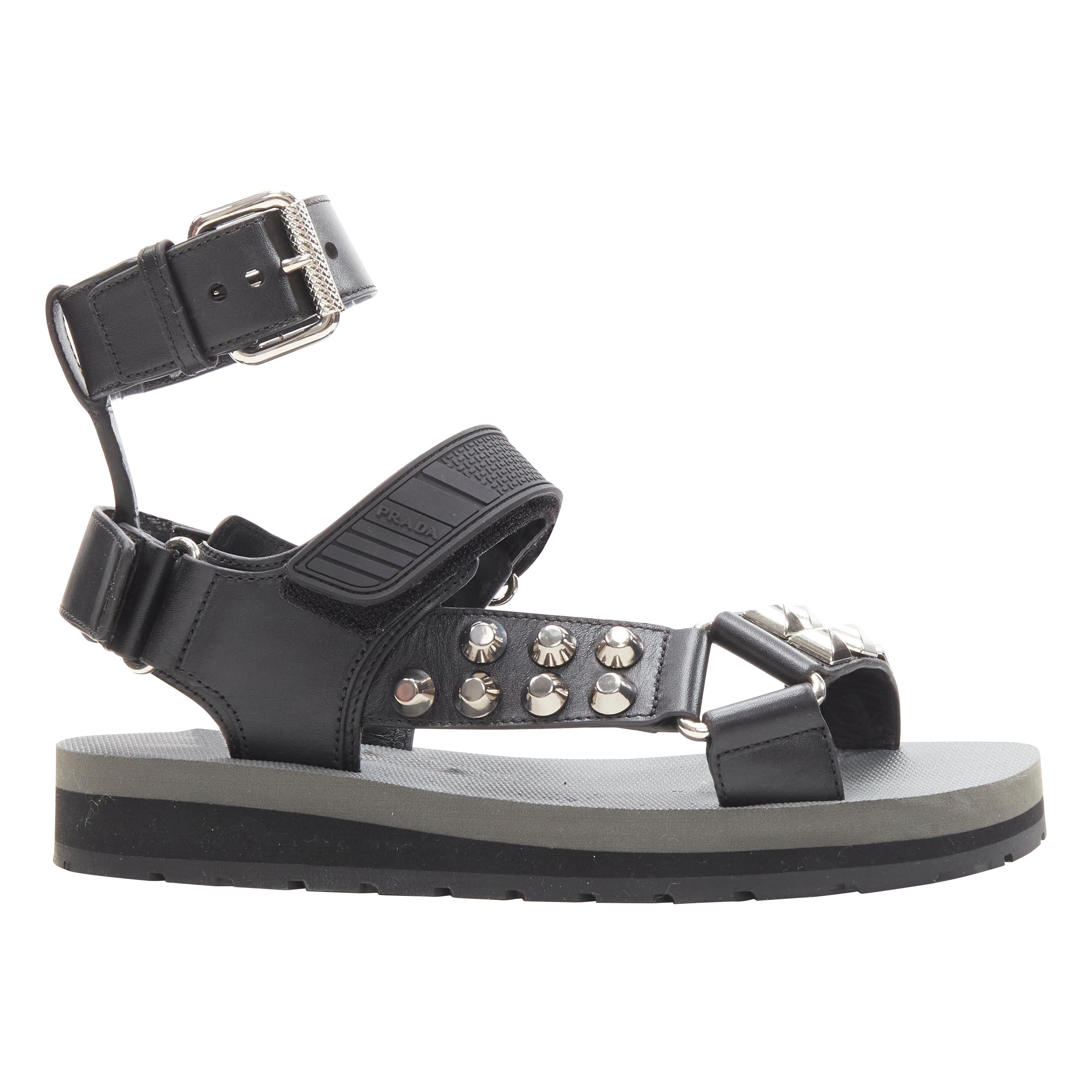 PRADA black silver punk stud embellished sports strap gladiator sandals EU36 For Sale