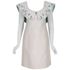 1960's Mr. Blackwell Ivory-Silk Beaded Rhinestone Shawl-Collar Mod Party Dress 8