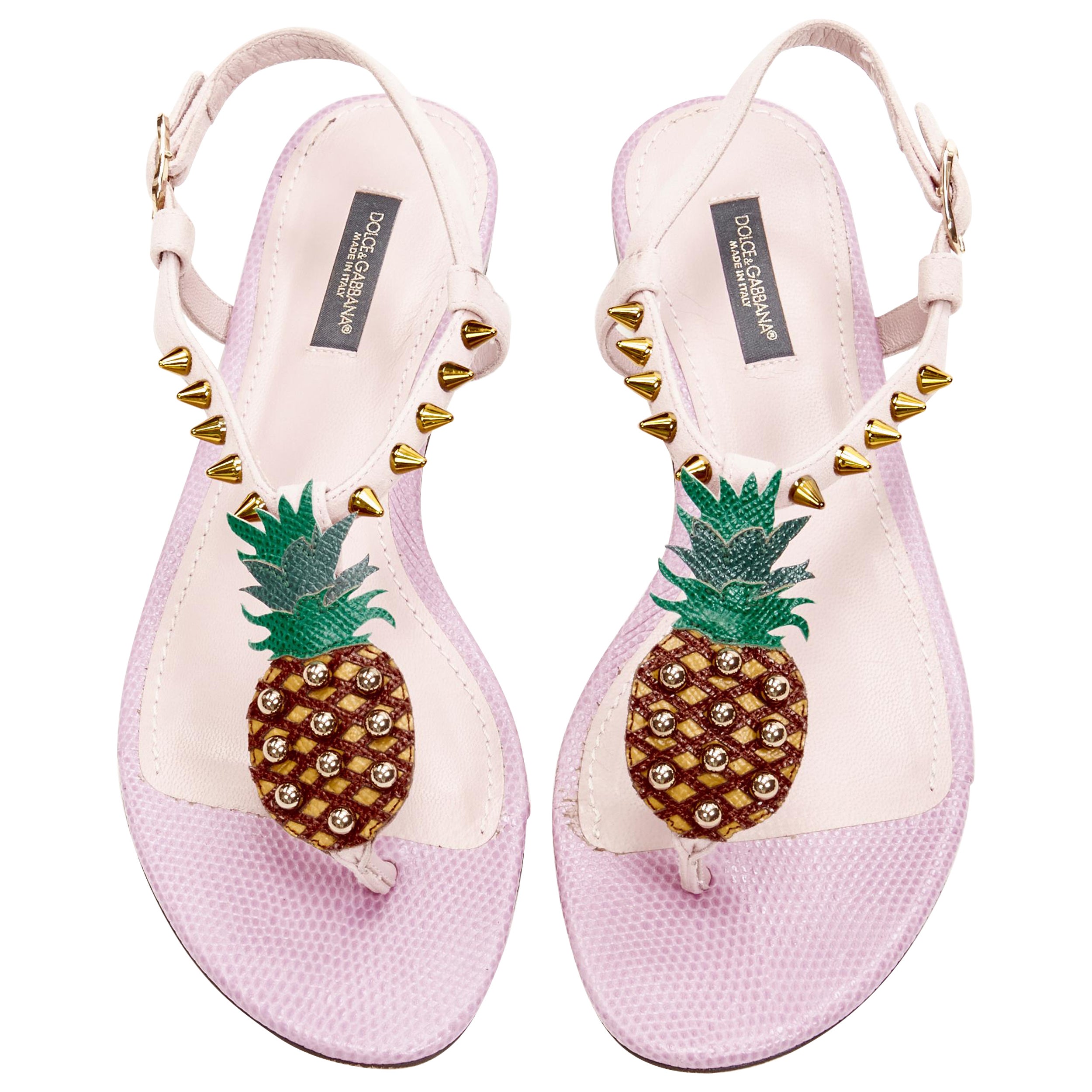 DOLCE GABBANA pink Pineapple studded thong flat sandals EU36.5 For Sale