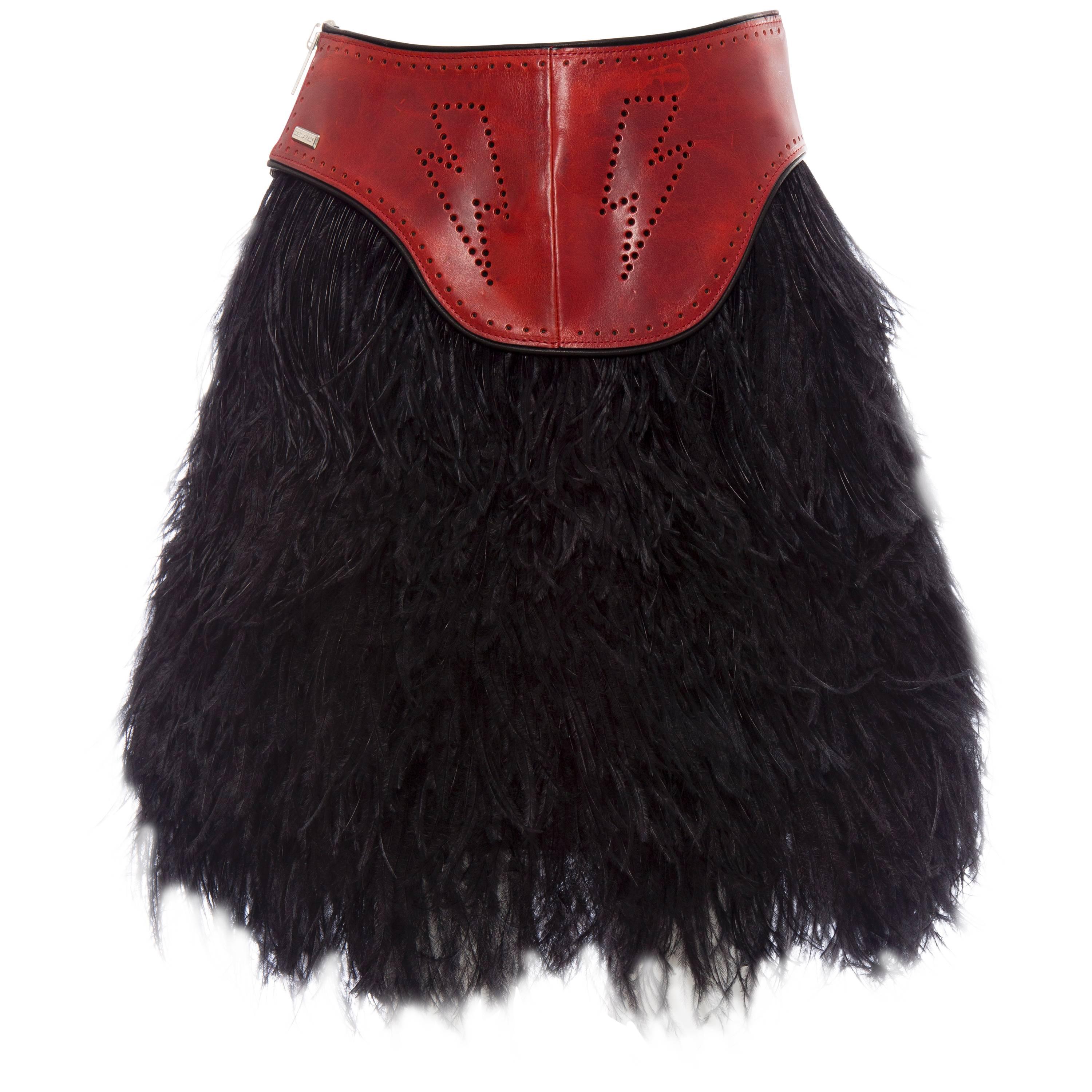 Dsquared2 Ostrich Feather Skirt With Red Perforated Leather Waist, Fall 2008