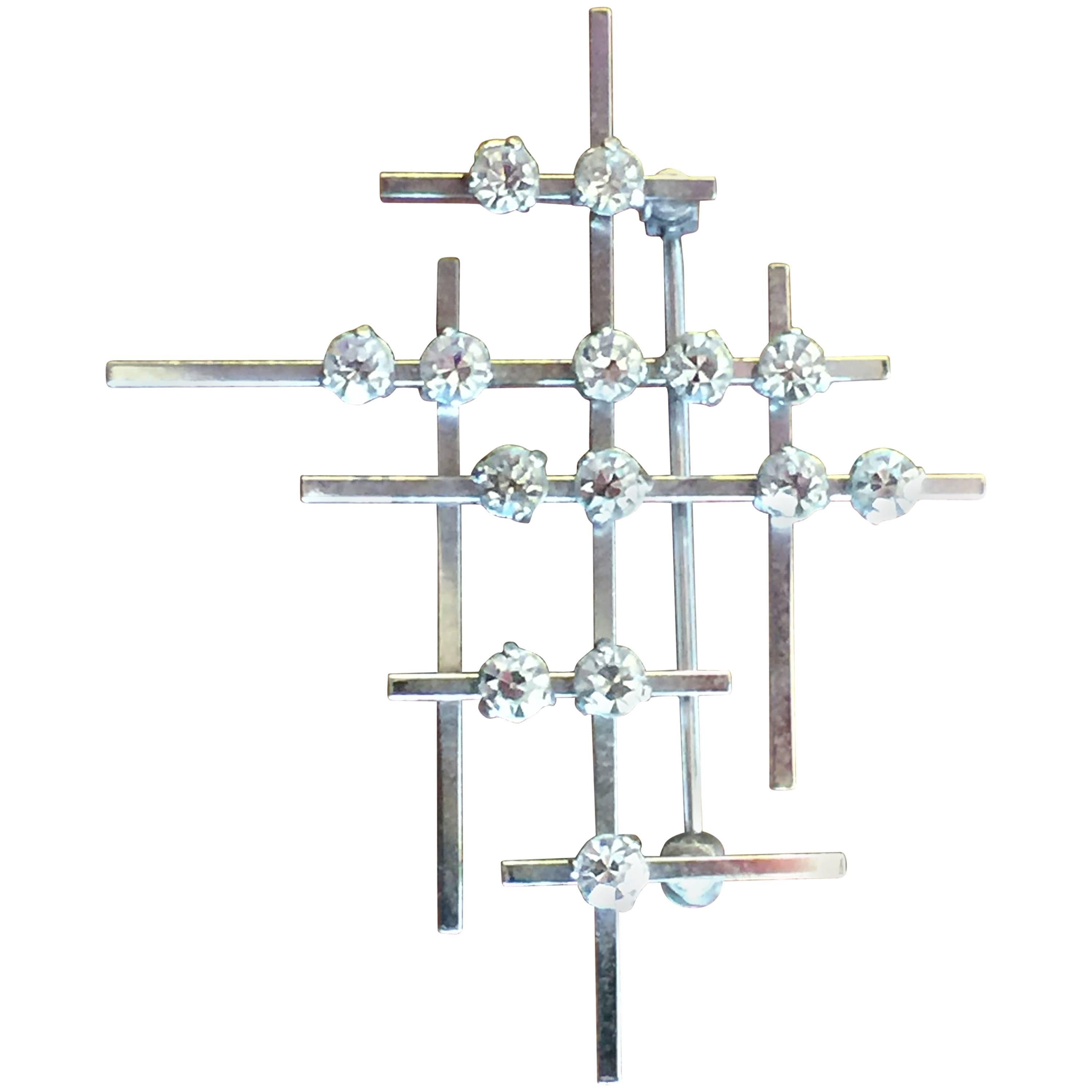 1960s KREMENTZ Mid Century Modernist Geometric Chrome Faux Diamond Brooch Pin For Sale