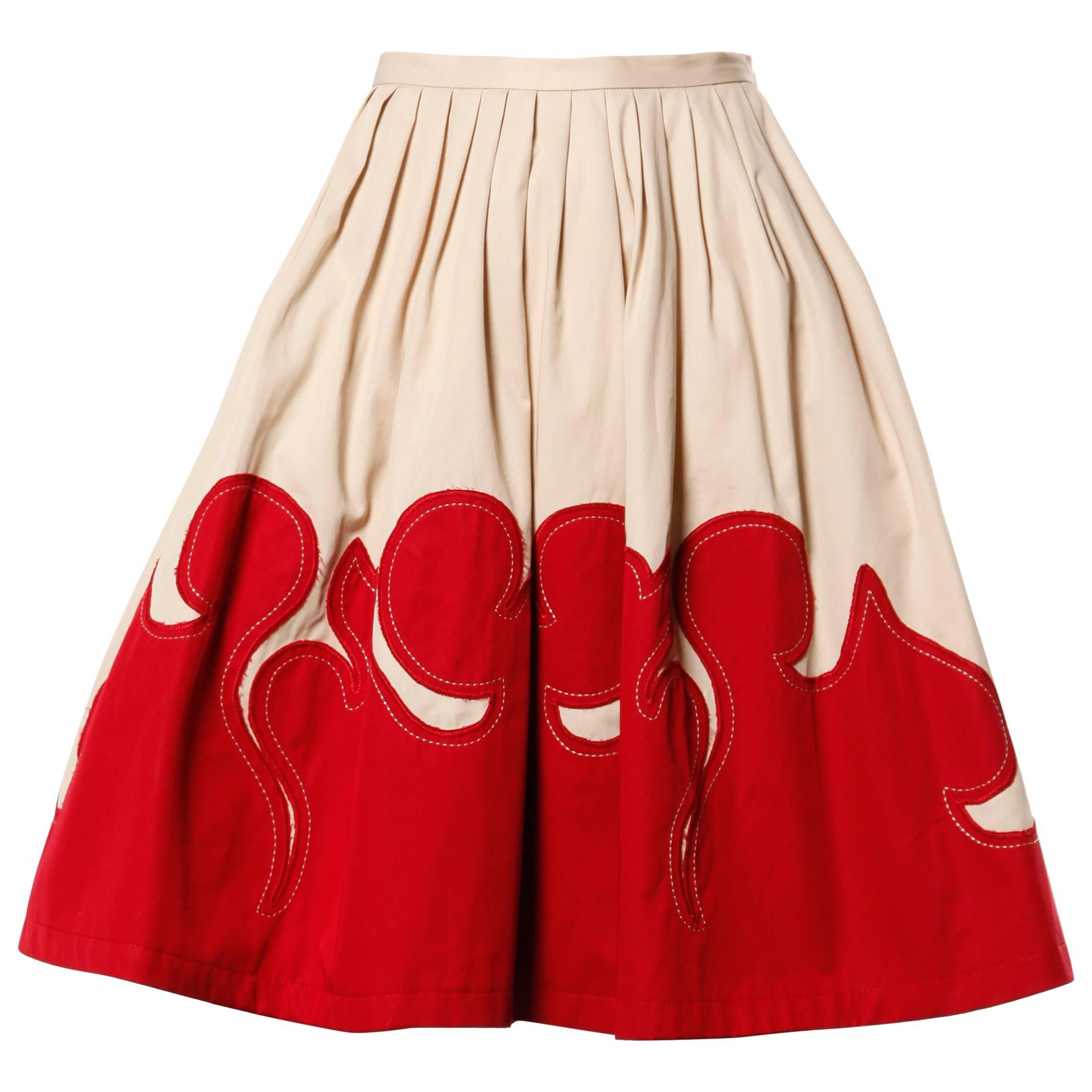 Moschino Vintage Red + Tan Cotton Patchwork Skirt with a Full Sweep