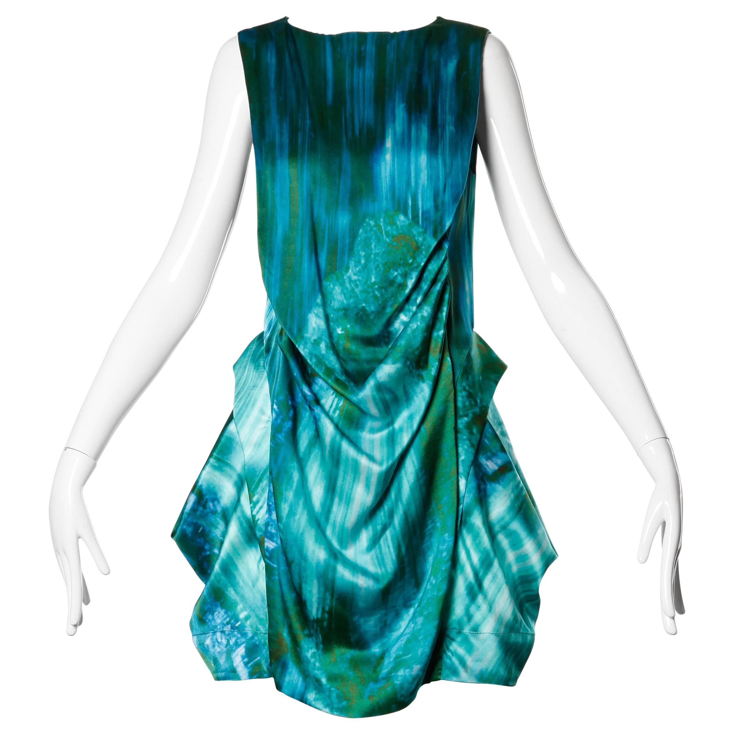 Peter Pilotto Avant Garde Silk Blue Green Watercolor Photo Print Dress For Sale