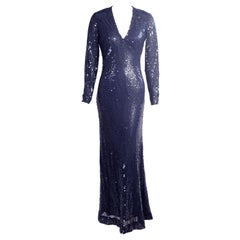 1970's Bill Blass Navy Blue Sequin Evening Gown