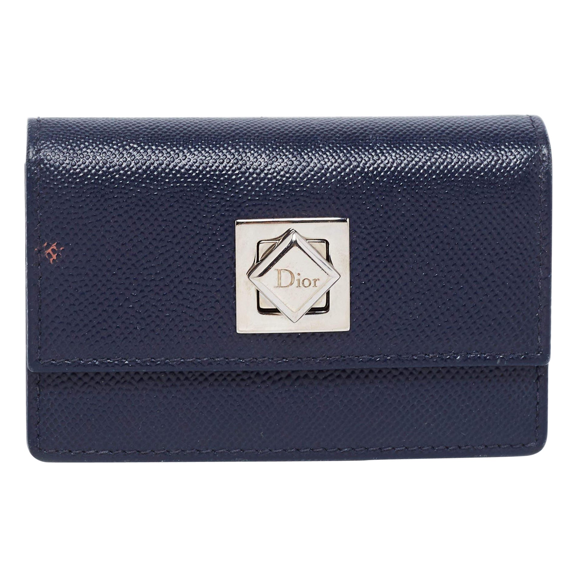 Dior Navy Blue Leather Turn Me Gusset Card Case For Sale