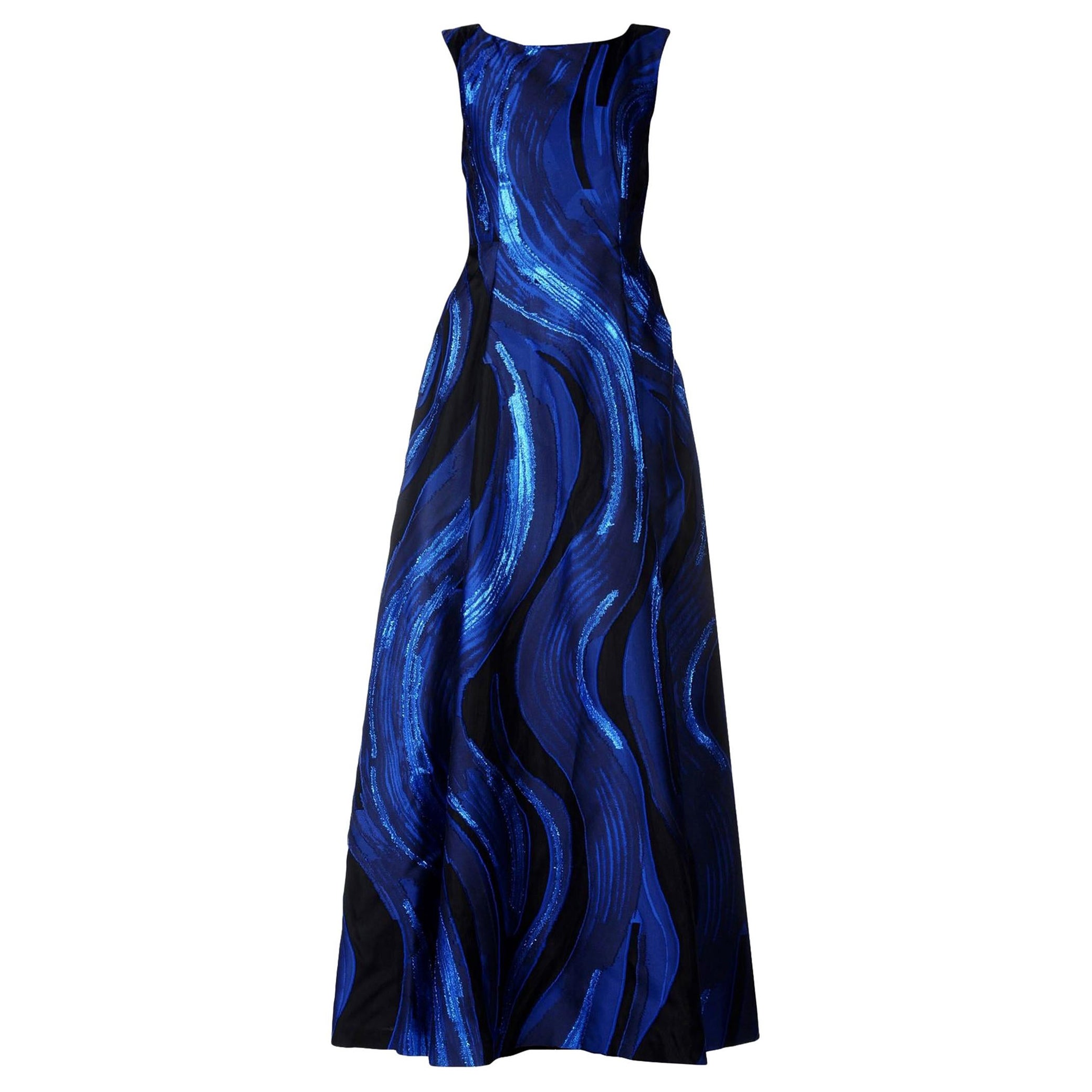 Alberta Ferretti Jacquard Marineblaues langes Metallic-Kleid von Alberta Ferretti It 40 - US 4 im Angebot