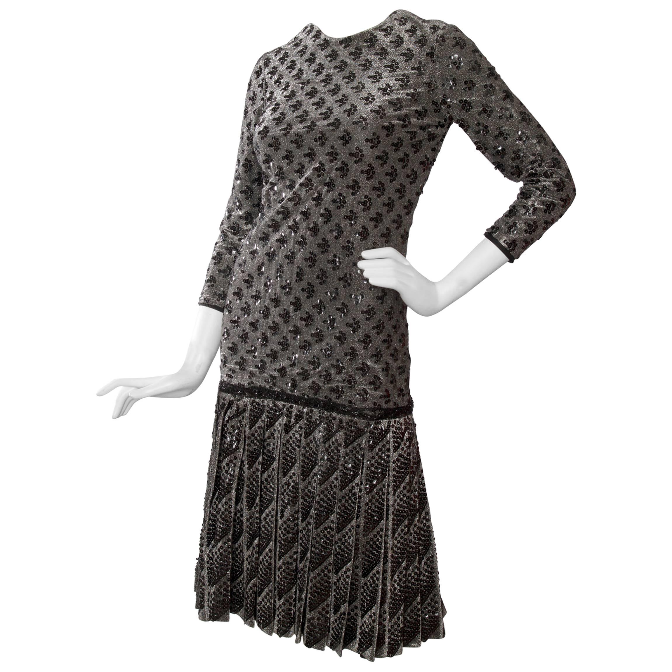 A 60s Dior Sequined Silver Lurex Cocktail Dress For Sale