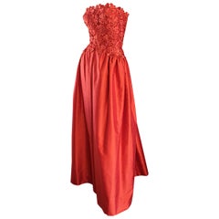 Werle of Beverly Hills Couture Red Strapless Silk Shantung Crochet Gown, 1950s 