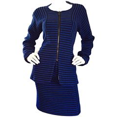 Vintage Geoffrey Beene Blue + Black Striped Avant Garde Wool Skirt Suit 