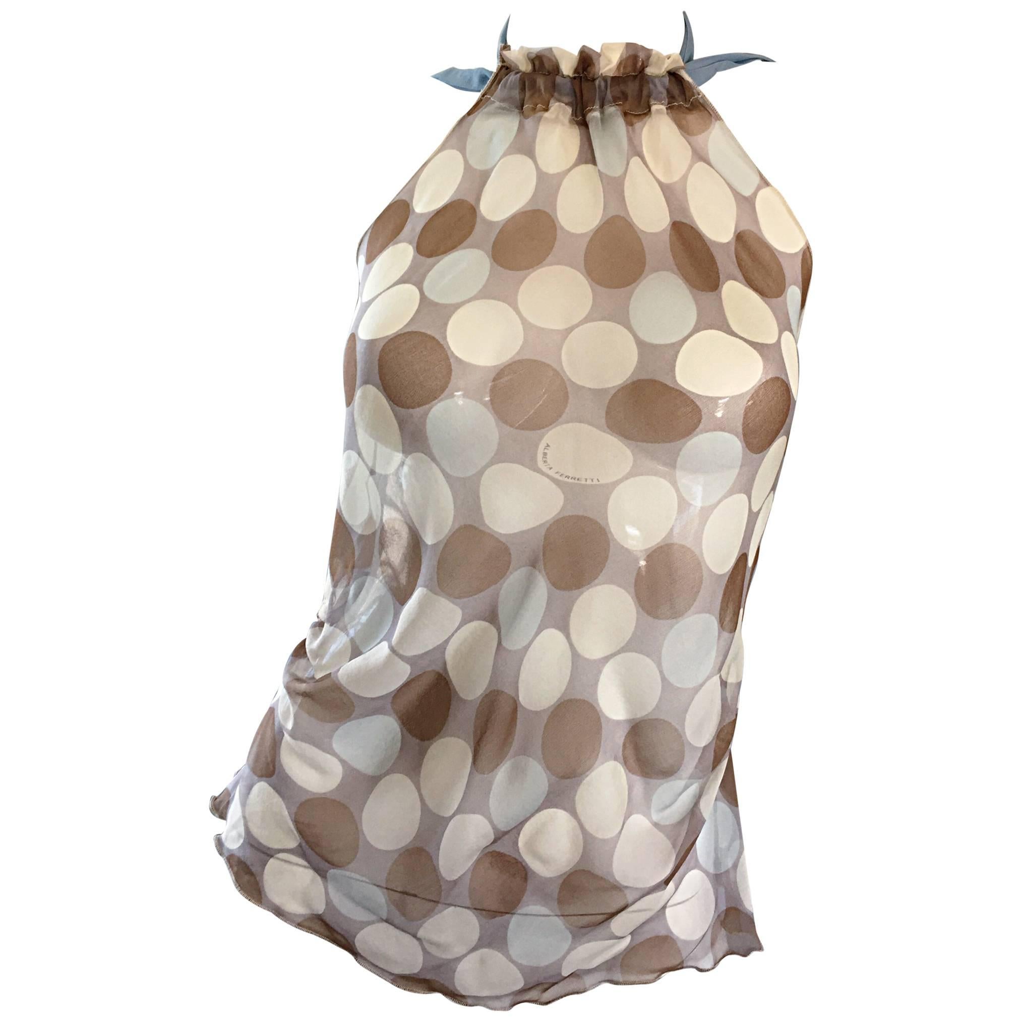 Vintage Alberta Ferretti Semi Sheer Polka Dot Sexy Silk Asymmetrical Halter Top For Sale