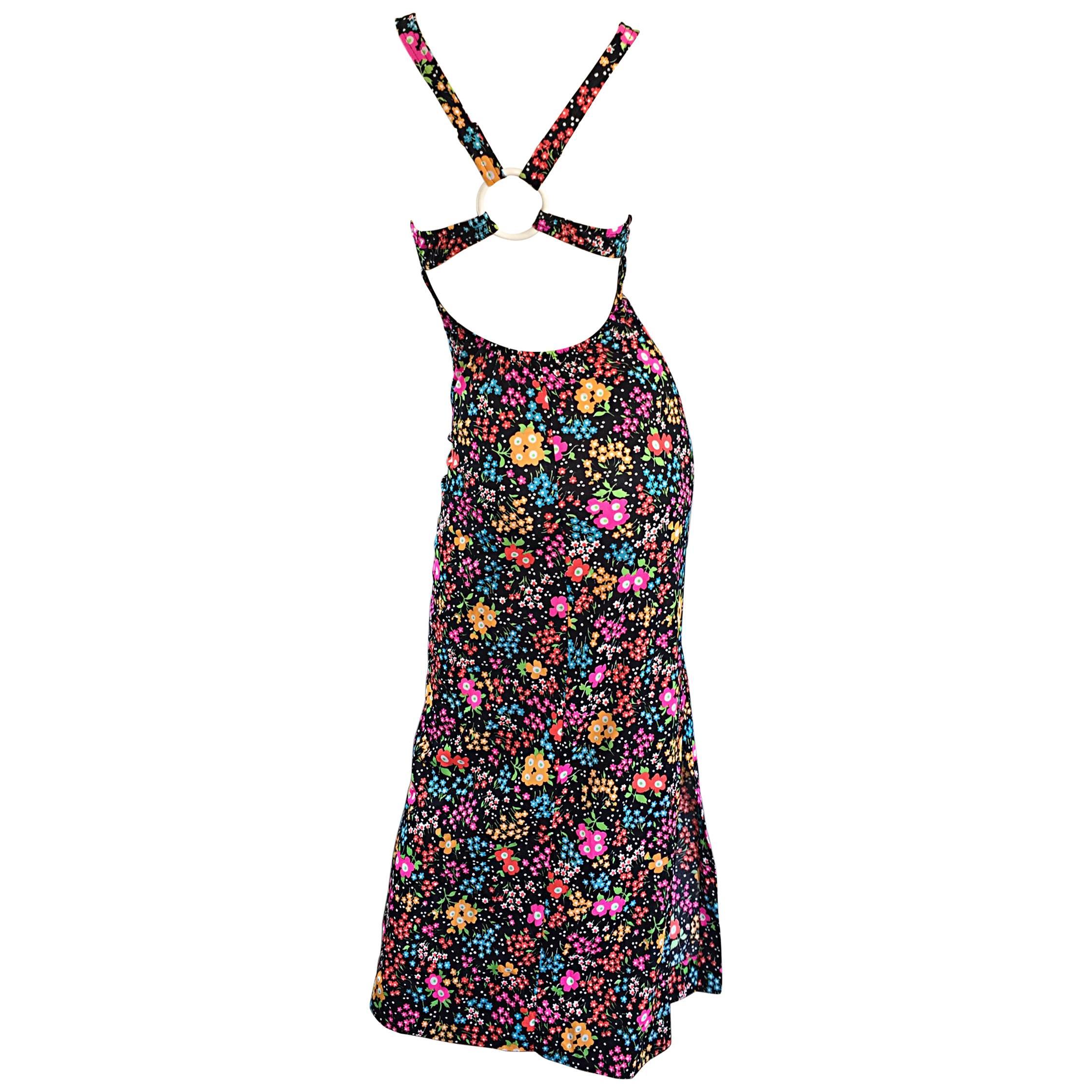 Superb 1970s Jack Hartley Sexy Cut Out Vintage Colorful Flower Print Maxi Dress