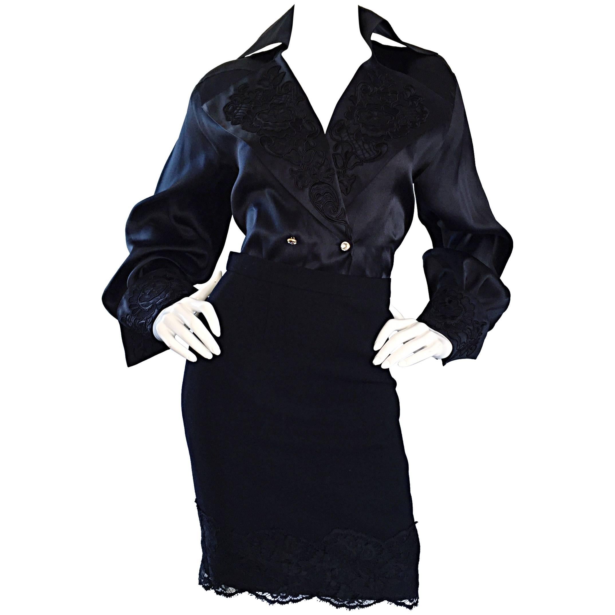 Beautiful Vintage Escada Couture Black Avant Garde Lace Dress Ensemble Top Skirt