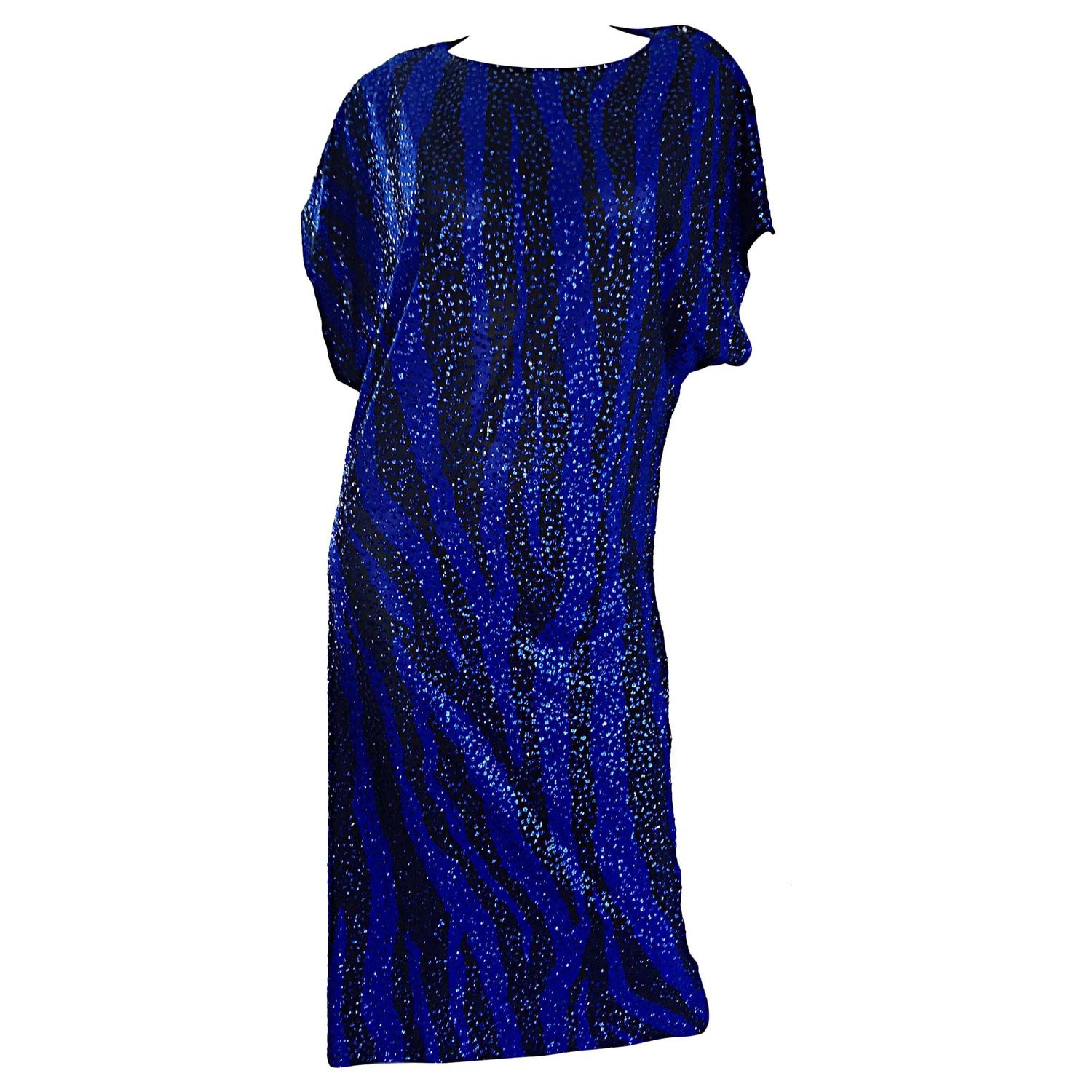 Vintage Neiman Marcus Royal Blue + Black Zebra Print ' Glitter ' Sequin