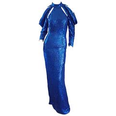 1970s Royal Blue Sequin Sexy Cut - Out Studio 54 Vintage 70s Disco Gown / Dress