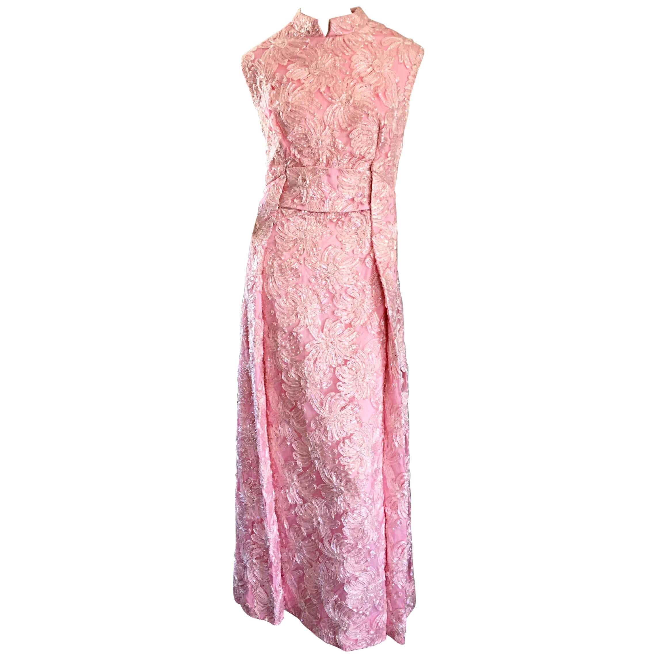 1960s Couture Raffia Silk Couture Light Pink Metallic Jackie - O Gown 60s Dress
