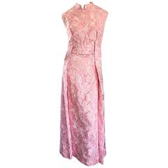 1960s Couture Raffia Silk Couture Light Pink Metallic Jackie - O Gown 60s Dress