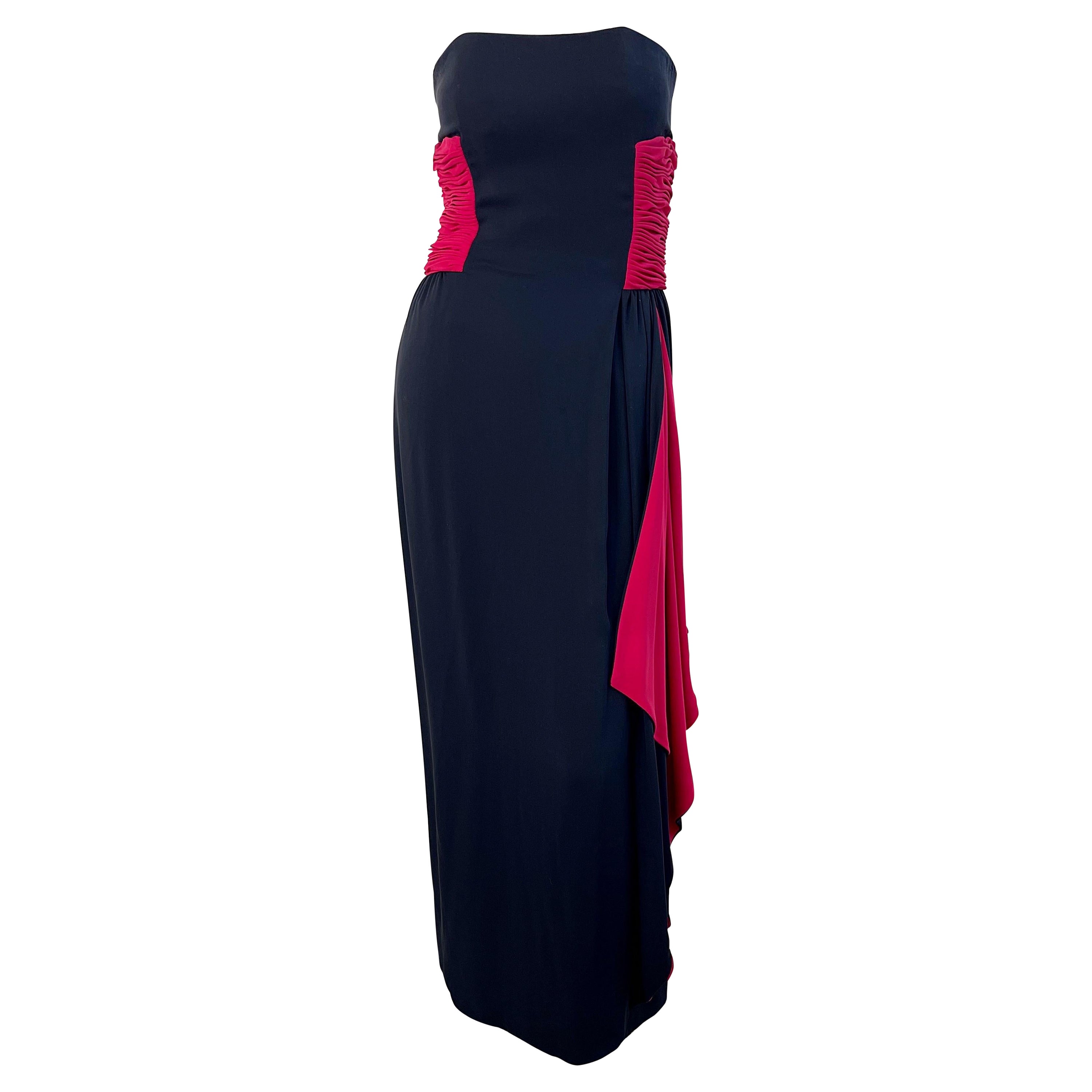 Valentino 1980s Black / Red Silk Jersey Vintage Strapless 80s Gown Size Small For Sale