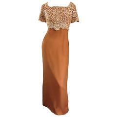 Beautiful 1960s Emma Domb Terracotta Vintage Tan Chiffon 60s Sequin Beaded Gown