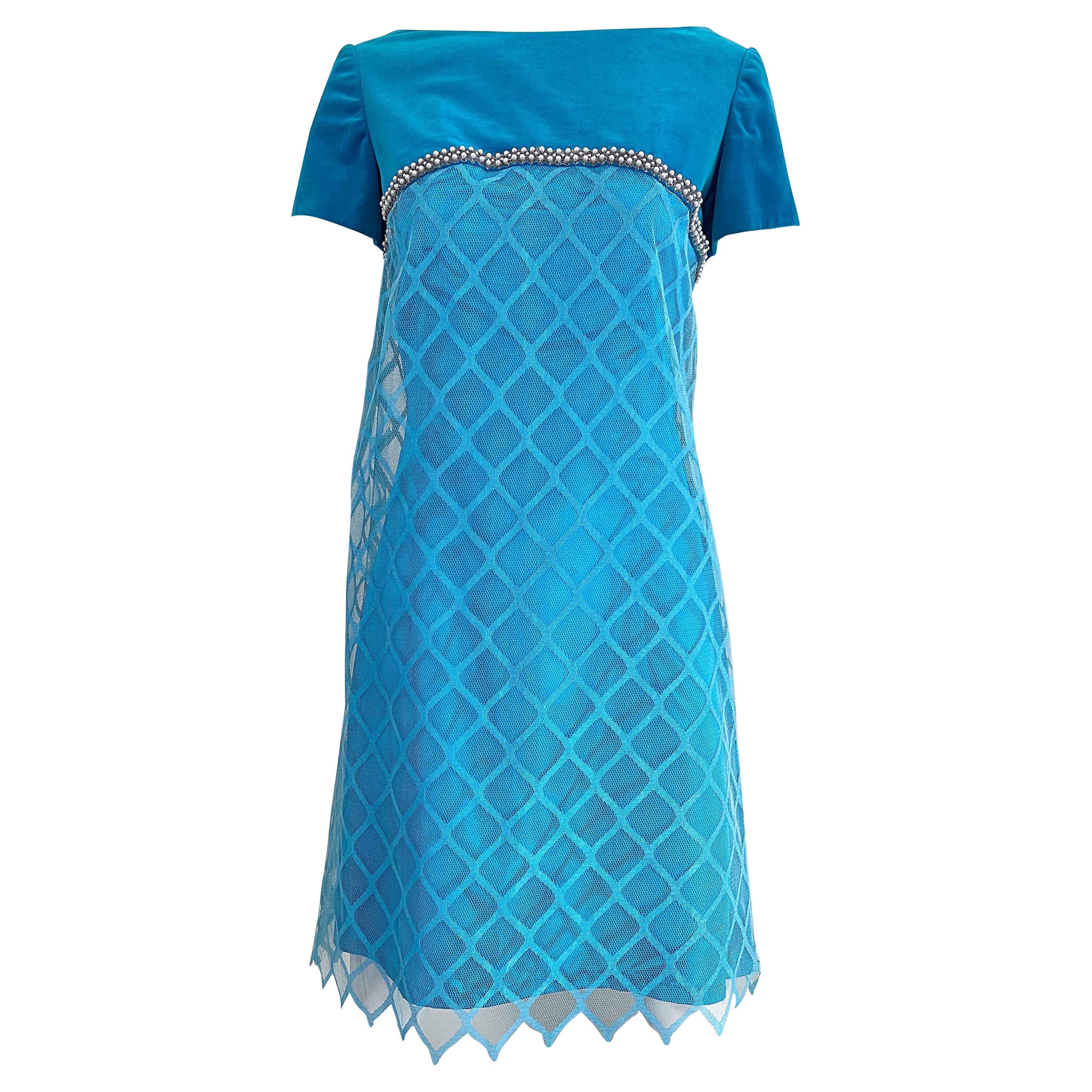 1960s Emma Domb Turquoise Blue Silk + Velvet Pearl Encrusted Vintage 60s Dress 
