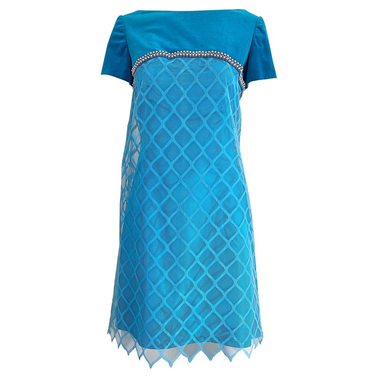 1960s Emma Domb Turquoise Blue Silk + Velvet Pearl Encrusted Vintage 60s Dress  For Sale