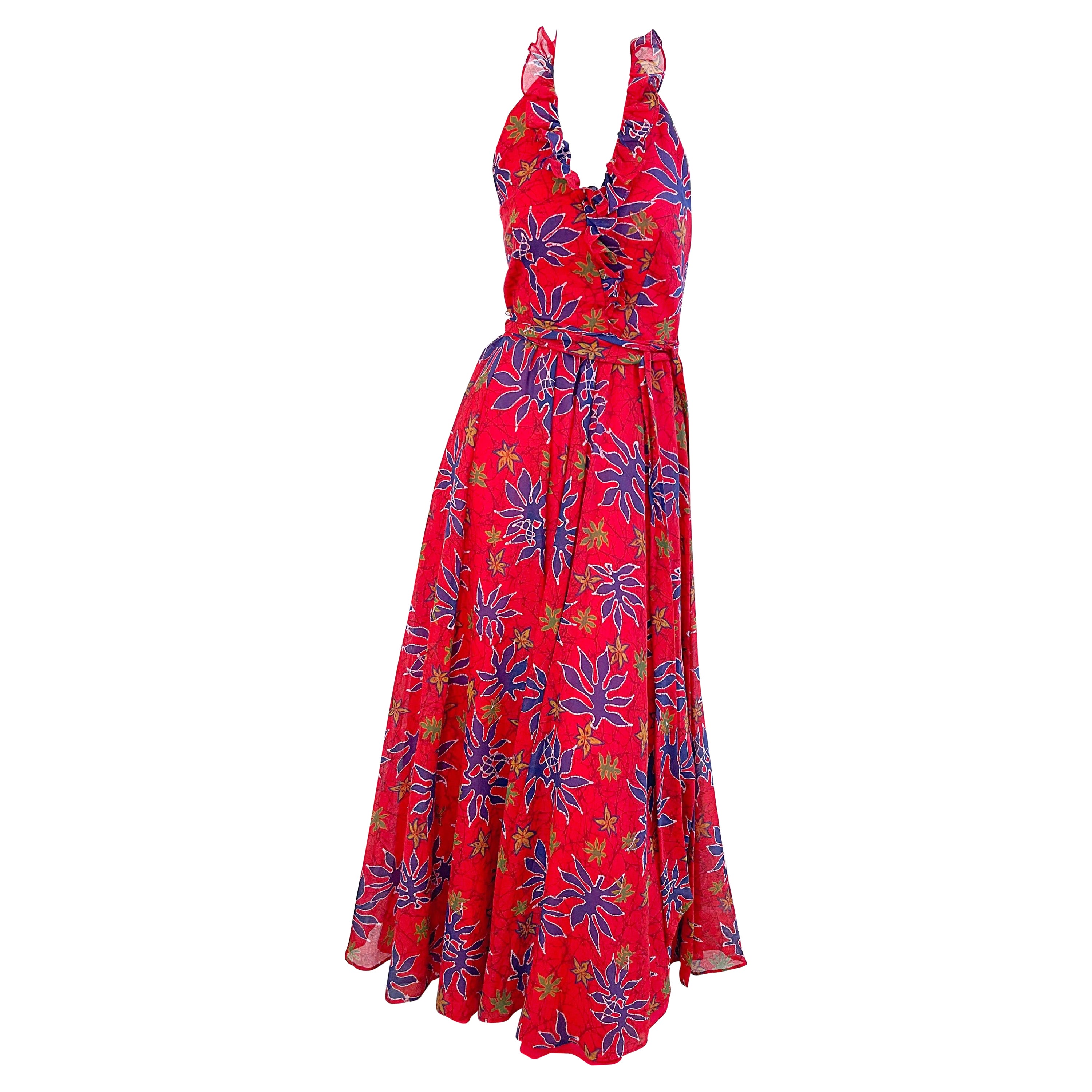 Lilli Diamond 1970s Sz 2 Abstract Leaf Print Red Halter Cotton Voile Maxi Dress