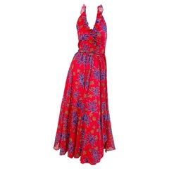 Vintage Lilli Diamond 1970s Sz 2 Abstract Leaf Print Red Halter Cotton Voile Maxi Dress
