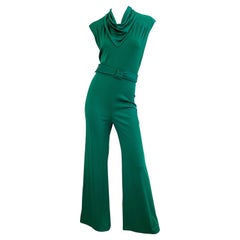 1970s Forest Green Flare Leg Bell Bottom Belted Retro 70s Cowl Neck Jumpsuit