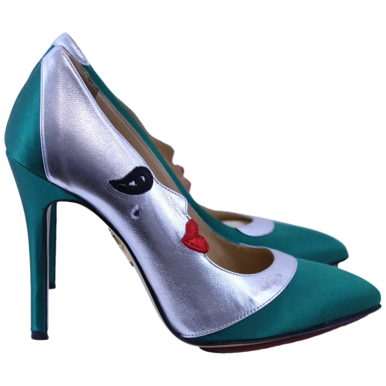 Charlotte Olympia Moon Shoes in Green Silk and Leather S.36
