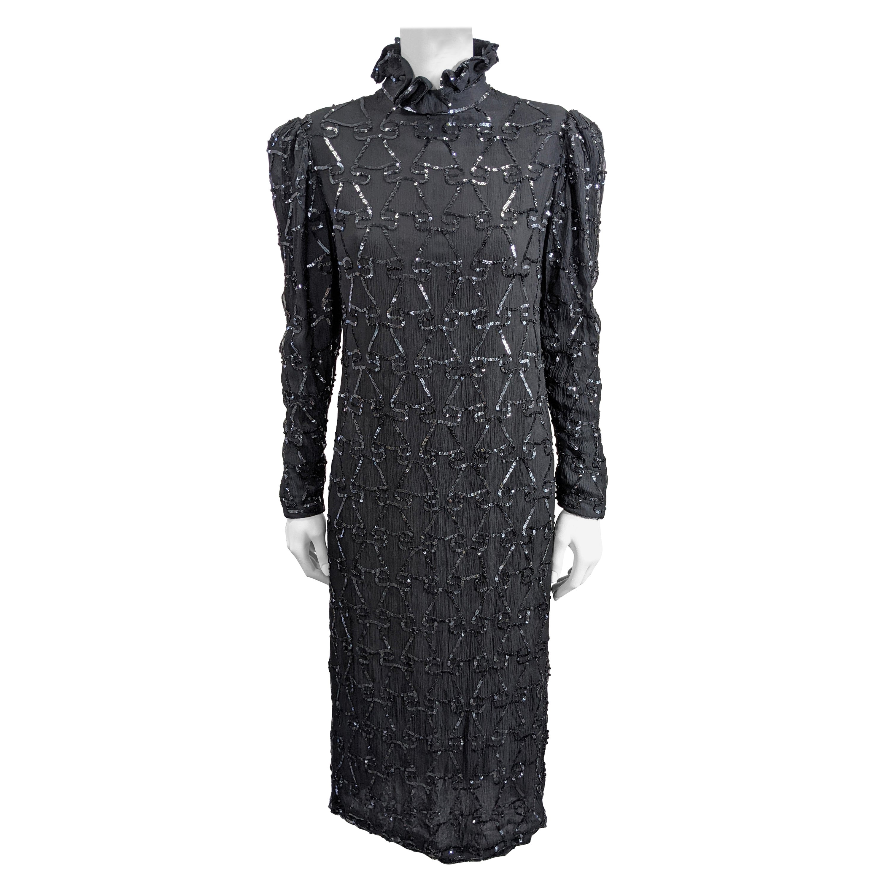 Silk Chiffon Sequin Ruffle Dress For Sale