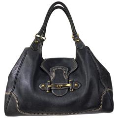 Gucci Black Leather Tote with Cream Topstitching and Gold Hardware