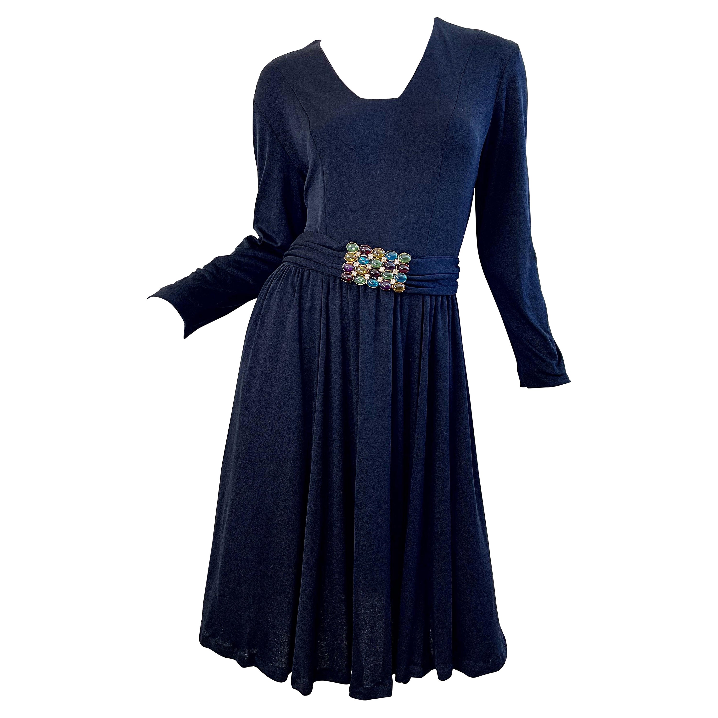 1970s Black Jersey Jeweled Rhinestone Belt Long Sleeve Vintage 70s Dress LBD  For Sale