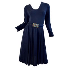 1970s Black Jersey Jeweled Rhinestone Belt Long Sleeve Vintage 70s Dress LBD 