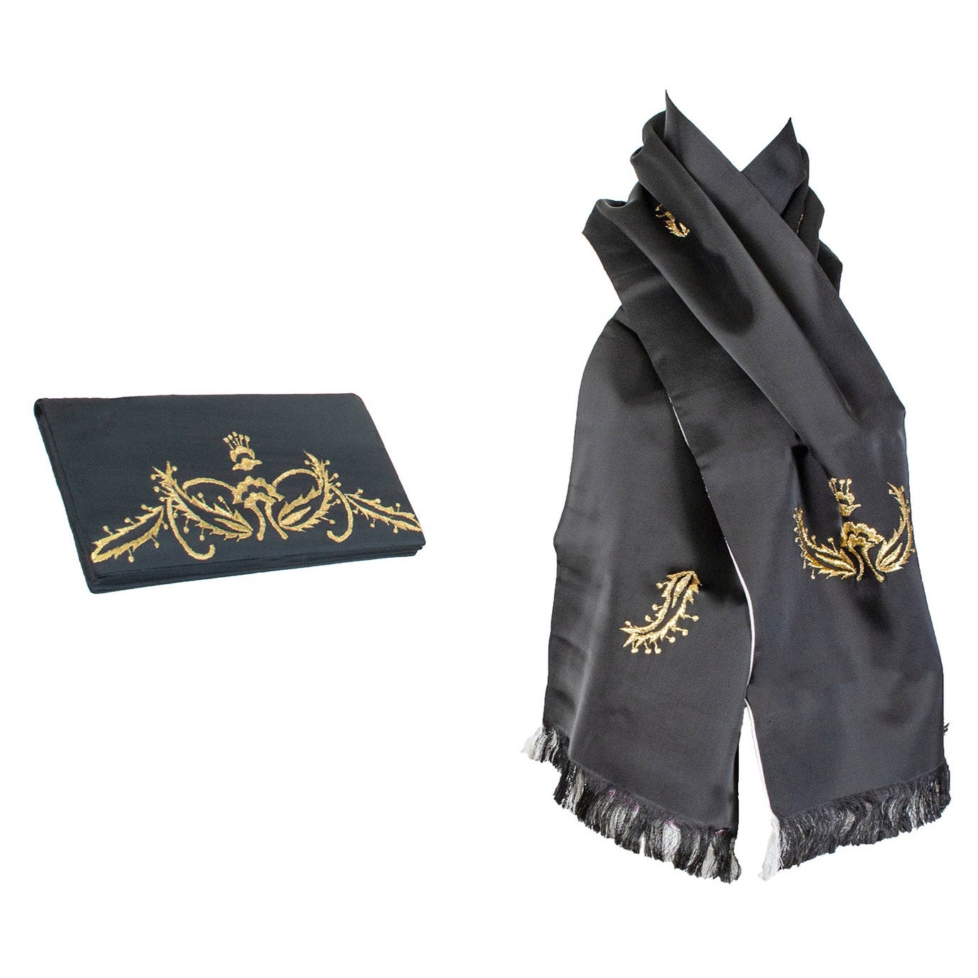 Black Satin Scarf and Matching Evening Clutch with Gold Embroidery – 53”, 1950s For Sale